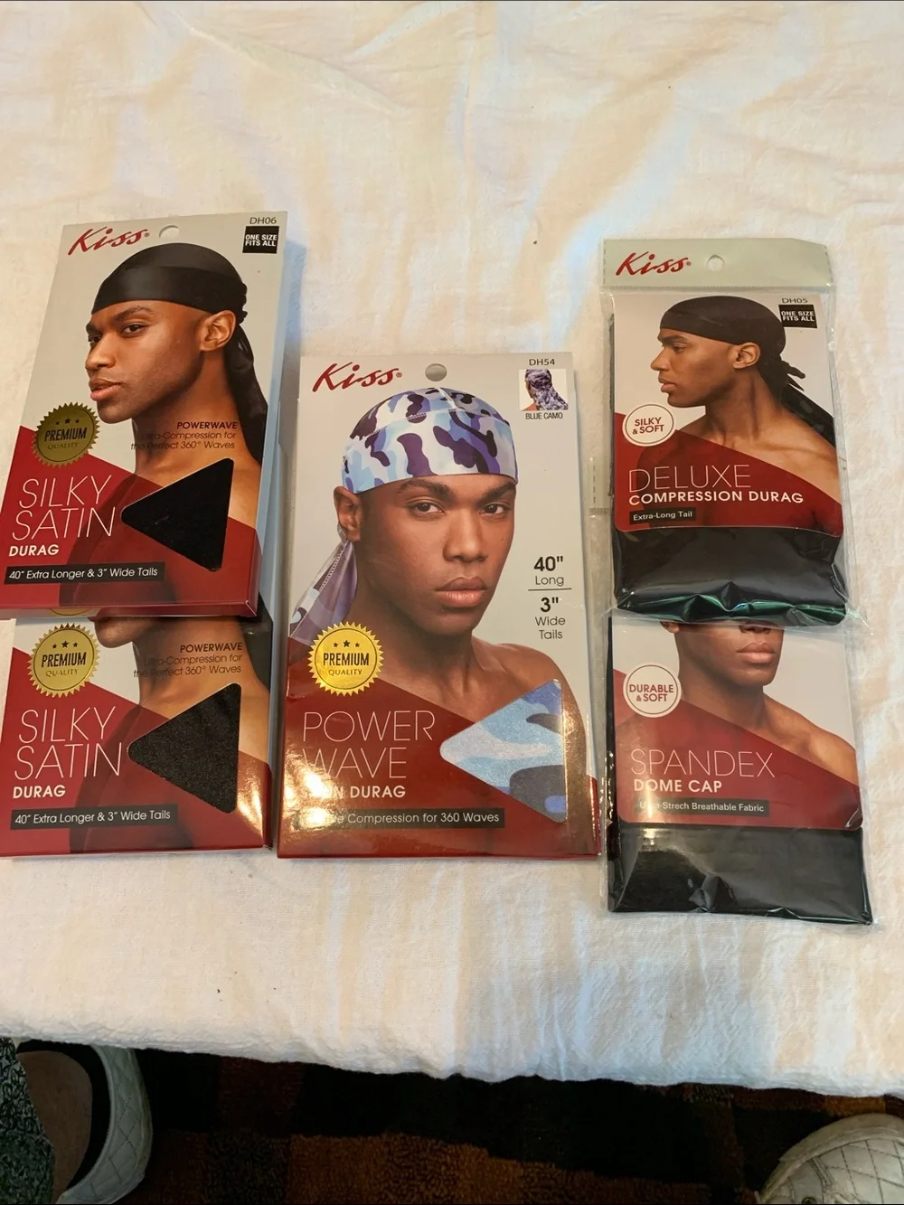 Kiss Satin & Premium Durags 5-PK NEW Black-Blues-Black Camo Premium extra Long